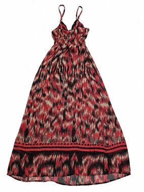 She's Cool Women's Maxi Dress Size M Red Black Ikat Print Smocked Waist Boho